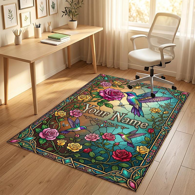 Hummingbirds Floral Theme Soft Crystal Velvet Rug Custom Name & Text Print Non Slip Floor Rug for Bedroom Living Room