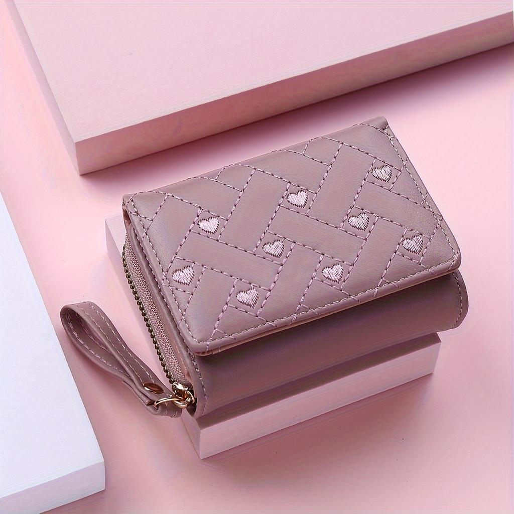 Women Wallet PU Leather Embroidered Love Tri-fold Card Holder Multi-card Slot Coin Purses