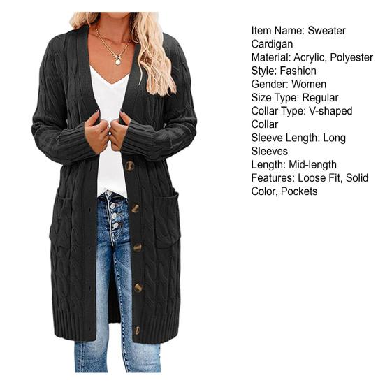 Женский свитер, кардиган с V-образным вырезом, длинным рукавом, перекрученной текстурой, трикотажными топами с карманами, однотонный трикотажный жакет на пуговицах