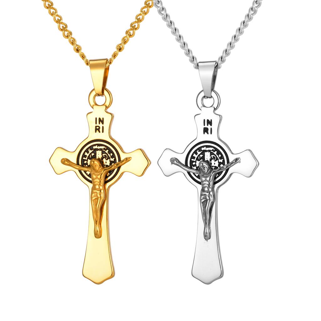 Catholic Jesus Cross Stainless Steel Necklace Gold Color Saint Benedict Pendant Religion Prayer Faith Jewelry for Men Women Gift