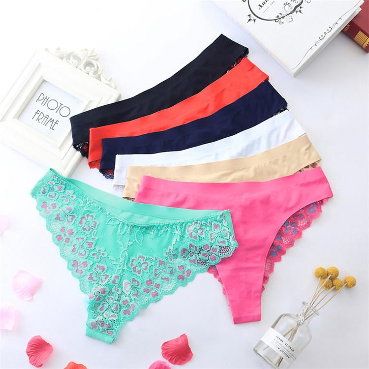 Sexy Printed Panties Women Lace Low-Rise Briefs Breathable Embroidered Underwear Transparent Thong
