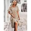 Summer Women V Neck Elegant Printed Short Sleeve High Waist A Line Floral Holiday Dress