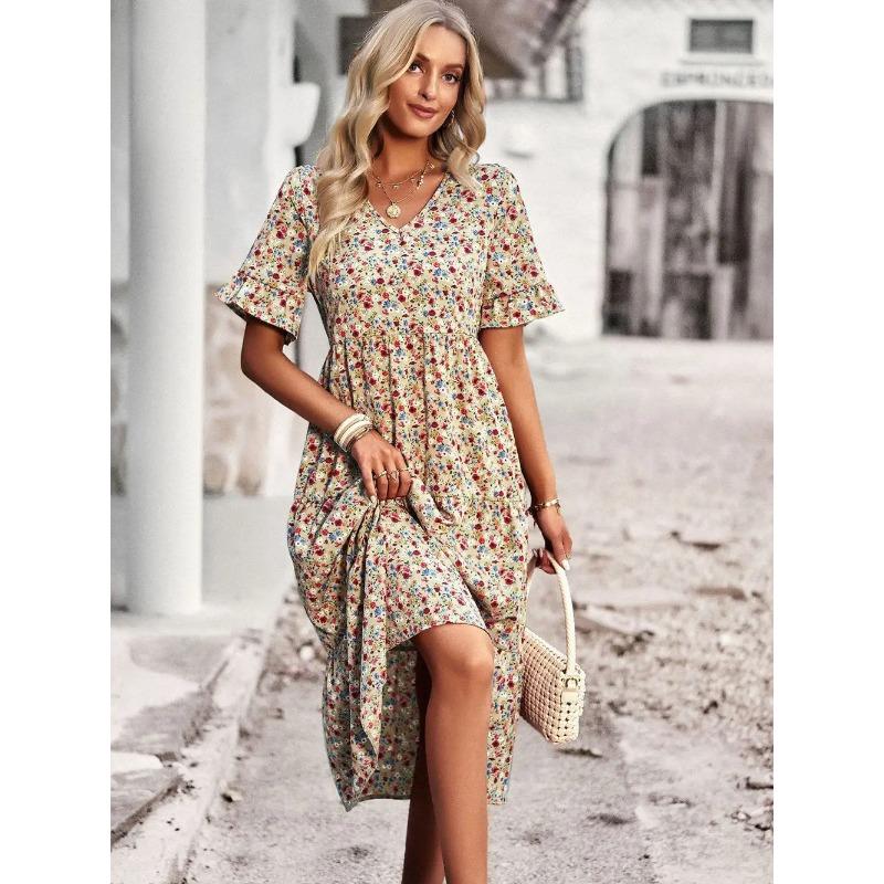 Summer Women V Neck Elegant Printed Short Sleeve High Waist A Line Floral Holiday Dress