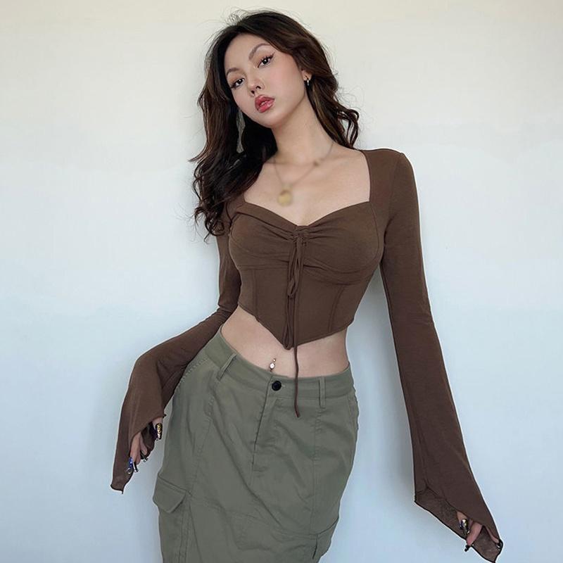 Женская футболка с завязками, узкие расклешенные топы с длинными рукавами, винтажная женская футболка с v-образным вырезом, повседневная одежда