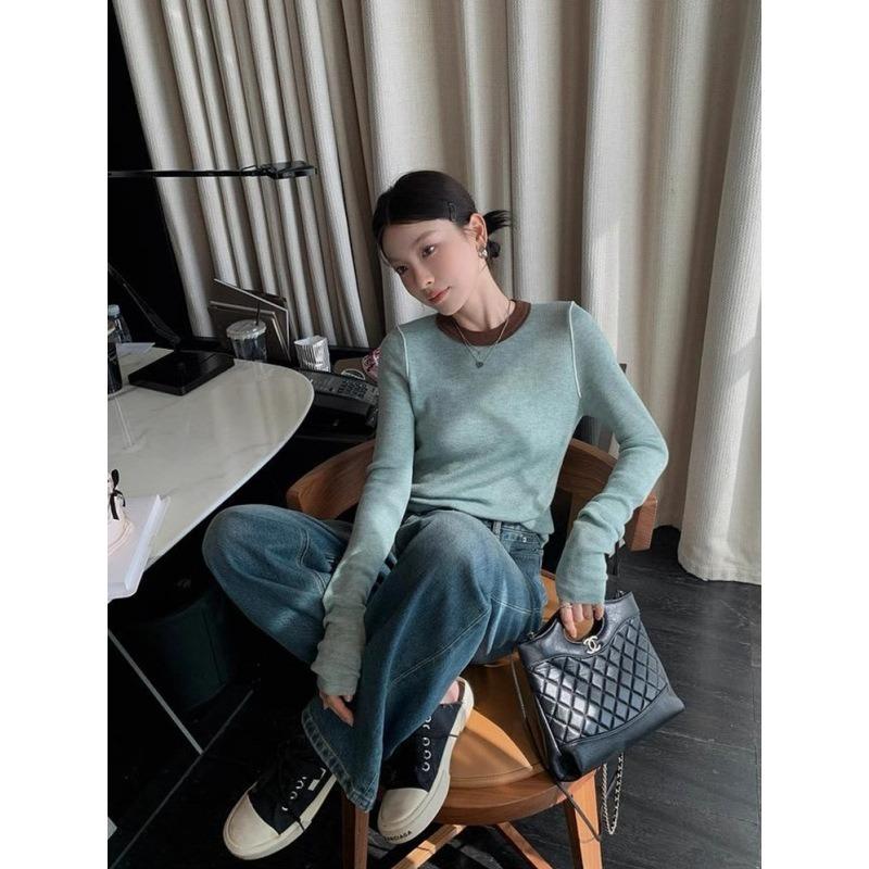 Spice Girl Приталенная Тонкая Вязаная Базовая Футболка Женская Осенняя Контрастная Цветная С Плиссировкой Облегающий Топ с Длинным Рукавом Свитер