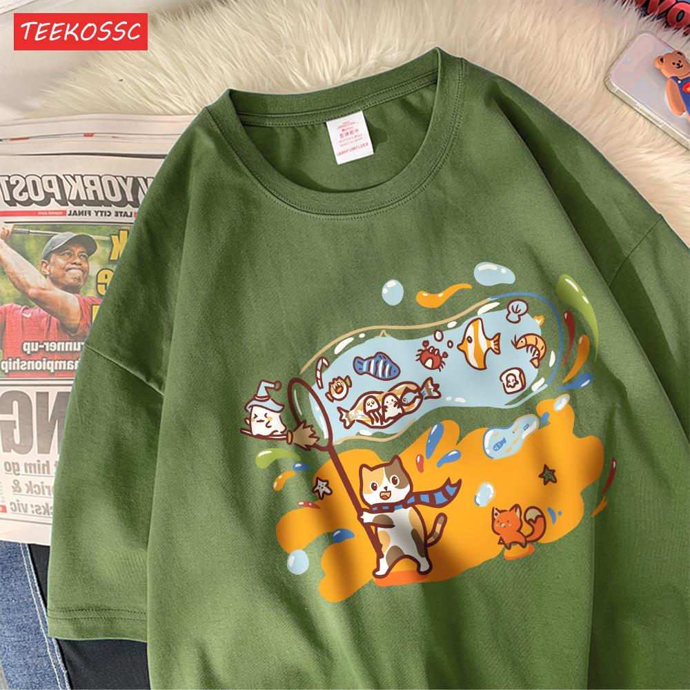 Small Fish In The Huge Bubblecotton Women TShirts Cartoons Printed Tops ONeck Soft Oversized T Shirt Summer Casual Clothes