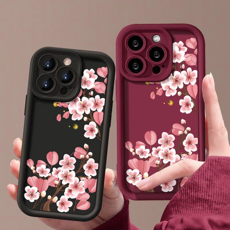Для iPhone 16 Pro Max 15 Pro 14 Plus 13 12 11 XS 8 7 чехол для телефона розовый цветочный принт матовый противоударный защита линз TPU мягкий бампер чехол