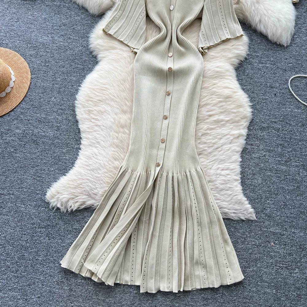 Летние женские элегантные платья-свитера облегающего кроя с V-образным вырезом и застежкой на одну пуговицу, длинные макси с юбкой «рыбий хвост»