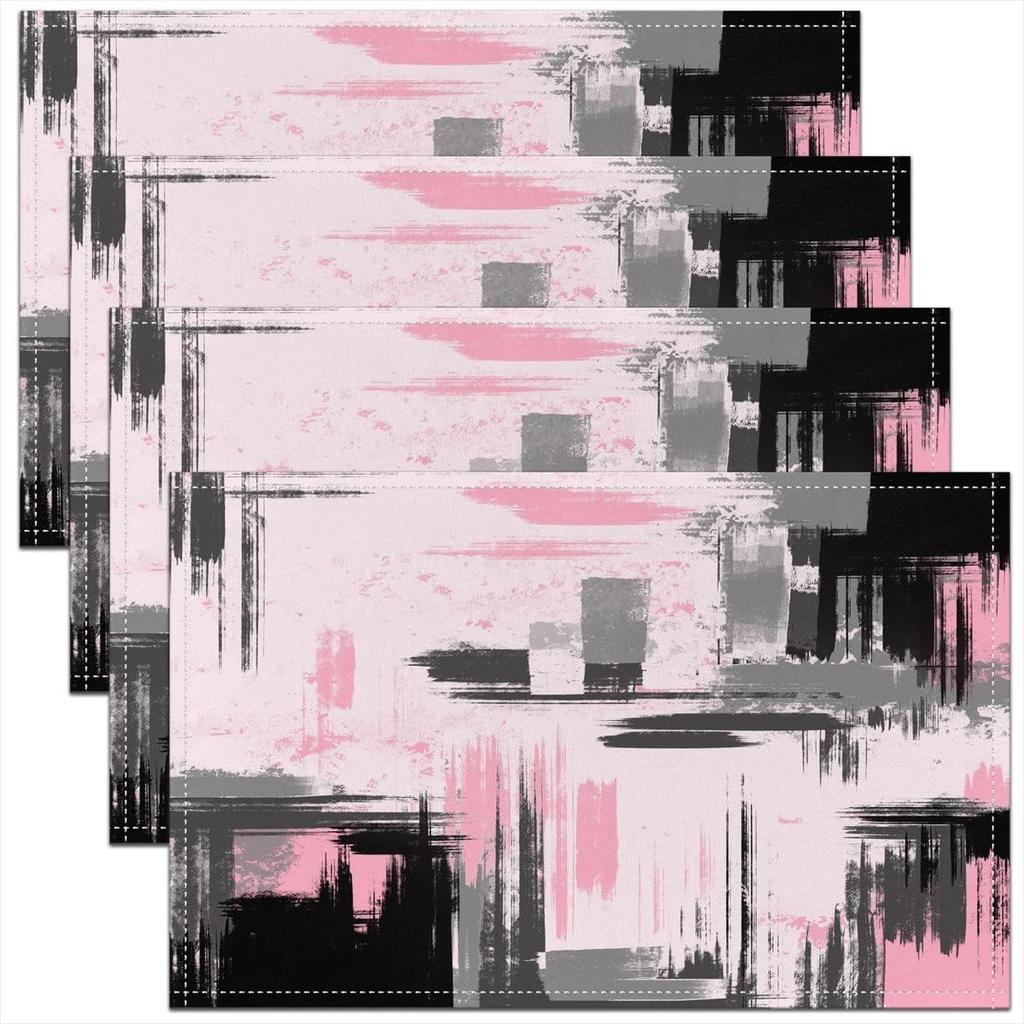 4pc Contemporary Abstract Pink Placemats Linen Retro Grey Black Oil Paint Stroke Table Mats Non Slip Washable Dinner Mats