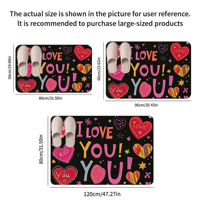 0.47inch Thick Flannel 'I Love You' Valentine's Day Decorative Mat – Colorful Hand-Painted Heart Design, Absorbent & Non-Slip, P