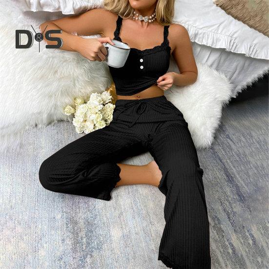 2 Pcs/Set Pants Top Suit Low-cut V Neck Sleeveless Solid Color Shirring Drawstring High Elastic Waist Lace Women Summer Pajamas Set Homewear Tank Top