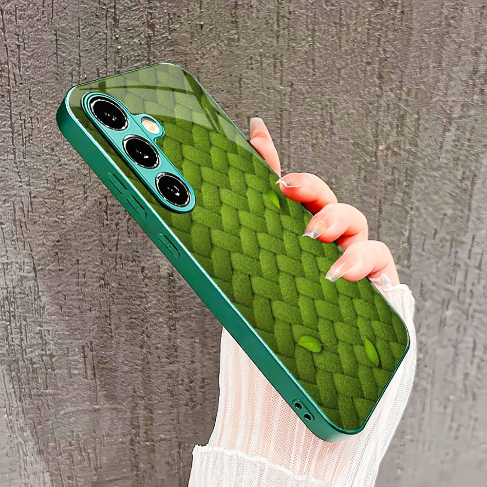Плетеный травяной чехол для телефона Чехол для телефона со стеклом для Samsung Galaxy S26 S25 S24 S23 S22 FE Ultra Plus Встроенное стекло зеленый Изысканный
