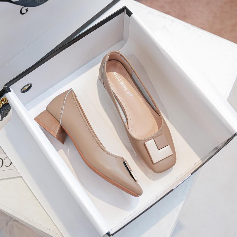 Женские туфли на толстом каблуке с квадратным носком, весенние туфли на среднем каблуке с квадратной пряжкой, из мягкой кожи, туфли бабушки, туфли для работы, на мягкой подошве