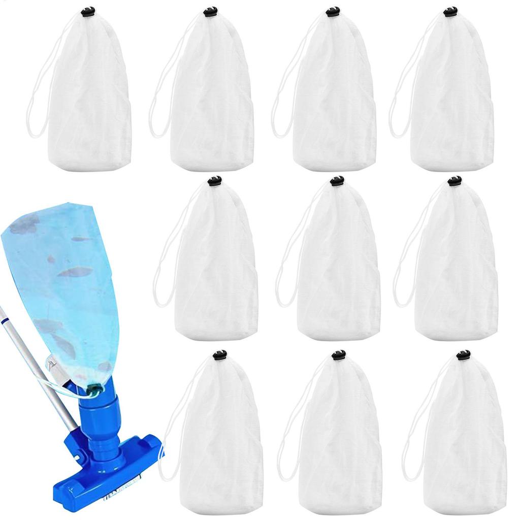 Pool Vacuum Bags Fine Mesh Pool Vacuum Filter Bags 10 Pieces Reusable Nylon Pouch with Locking Cord for Ponds Water Sand Dirt