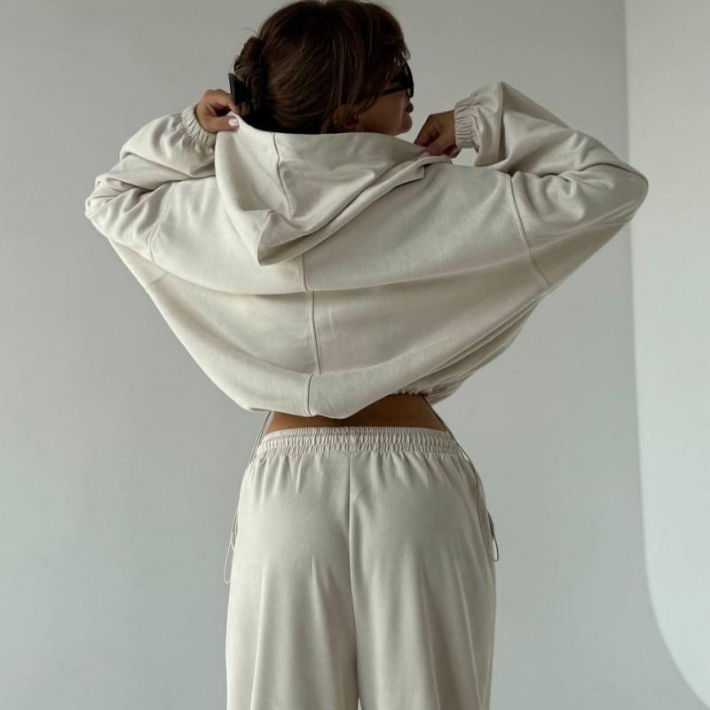 Womens Casual 2-Piece Set: Solid Color Long Sleeve Zip-Up Hooded Sweater Tie-Waist Wide Leg Pants