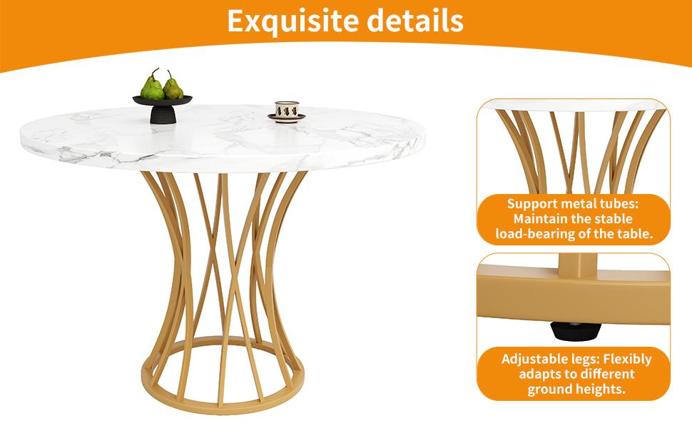 Dining Table Set (5 Pieces), Round Kitchen Table with 80 cm Diameter, Gold Metal Legs, White Marbled Tabletop, Grey Velvet Dining Chairs