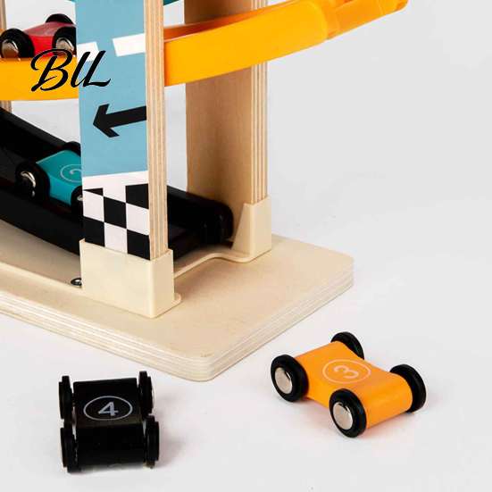 Early Development Sensory Toy Wooden Ramp Racer Car Toy, 4 Numbered Mini Cars And Parking Lot STEM Activity for Kids Design, Hand-eye Coordination