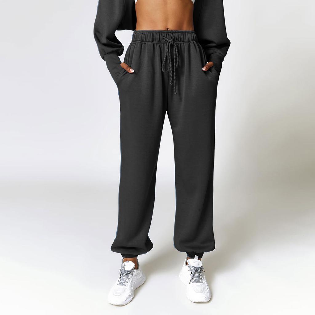 Женские эластичные повседневные брюки с высокой талией и широкими длинными штанинами с карманами