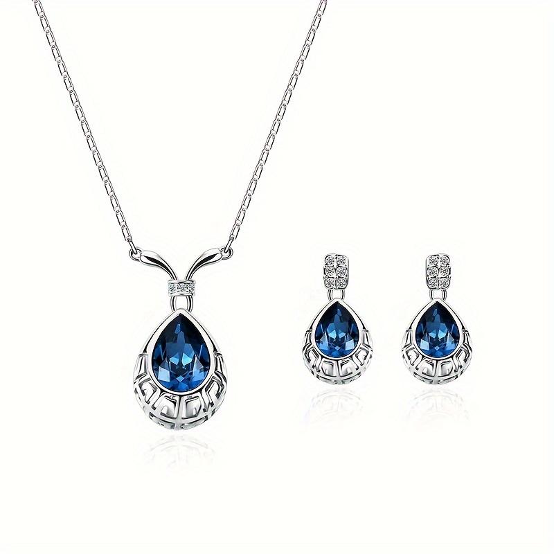 Classic Hollow Pattern Artificial Crystal Necklace and Earring Set Unisex Teardrop Pendant Earrings Gift