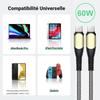 Câble USB-C vers USB-C Rapide 60W pour Xiaomi Redmi 10C 12 13C 14C Redmi 9 9T - Nylon Renforcé 1M Gris