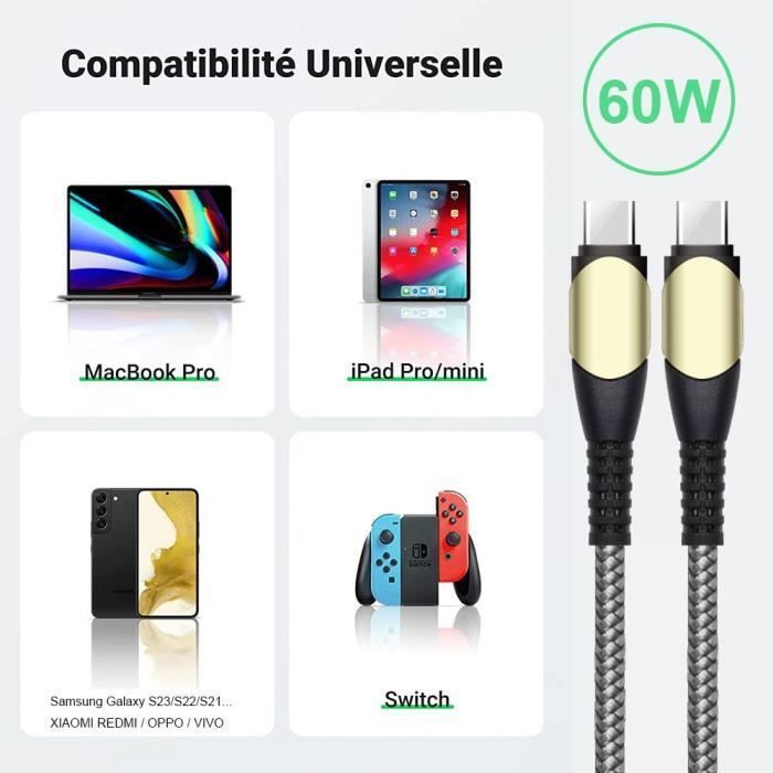 Câble USB-C vers USB-C Rapide 60W pour Xiaomi Redmi 10C 12 13C 14C Redmi 9 9T - Nylon Renforcé 1M Gris
