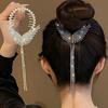 Lady Ponytail Claw Wings Shape Shiny Rhinestone Faux Pearl Long Tassel Multi Teeth Stainless Hair Decoration Lightweight Bridal Hair Bun Hair
