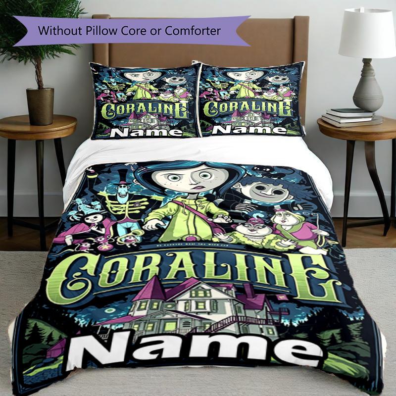 3pcs Duvet Cover Set (1*Duvet Cover + 2*Pillowcase, Without Core), Custom Name Coraline Pattern Bedding Set, Home Bedroom Decor Gift