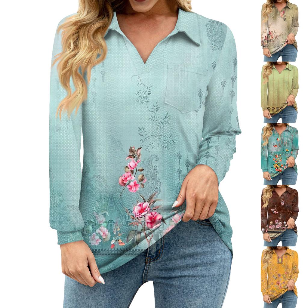 Women's Loose Casual Floral Print V-Neck Long Sleeve Neckline Pocket Waist Shirt