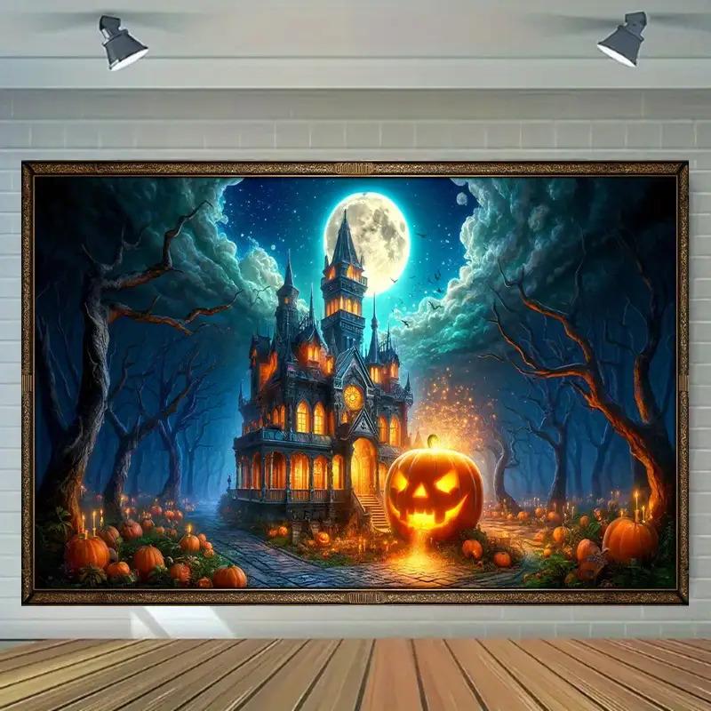 2D plane, 1 piece of 2D plane printing, strange Halloween pumpkin castle banner, eerie night sky filled with moons