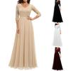 Women V-neck 3/4 Sleeve Gown Dress Crochet Lace Mesh Stitching High Waist A-Line Maxi Dress Backless Solid Color Long Dress