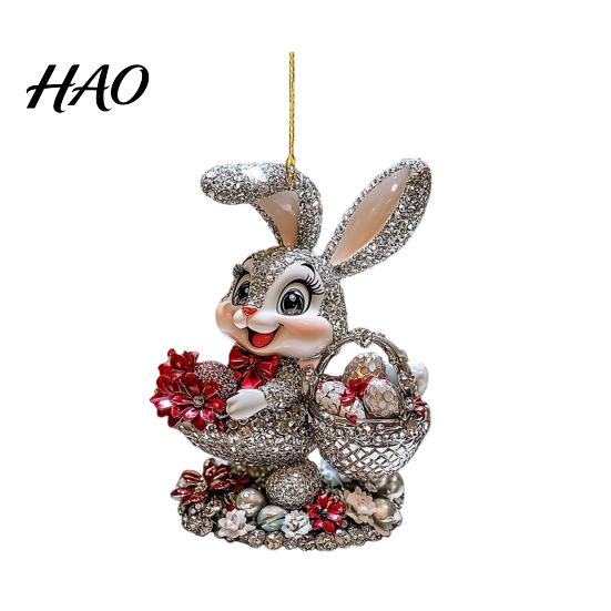 Cute Rabbit Bag Accessory Easter Bunny Acrylic Pendant, with Basket, 2D Car Decorative for Home Window Rearview Mirror Hanging Ornament, Keychain
