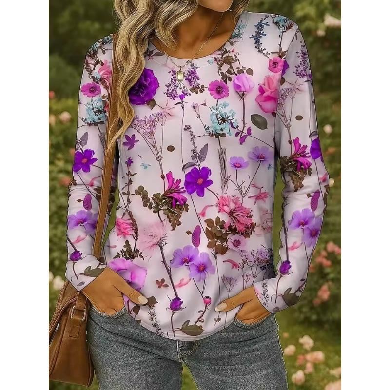 Women's 3D Colorful Floral Print T-shirt Fashion Long Sleeve Round Neck Regular Tops Holiday Weekend Spring Autumn