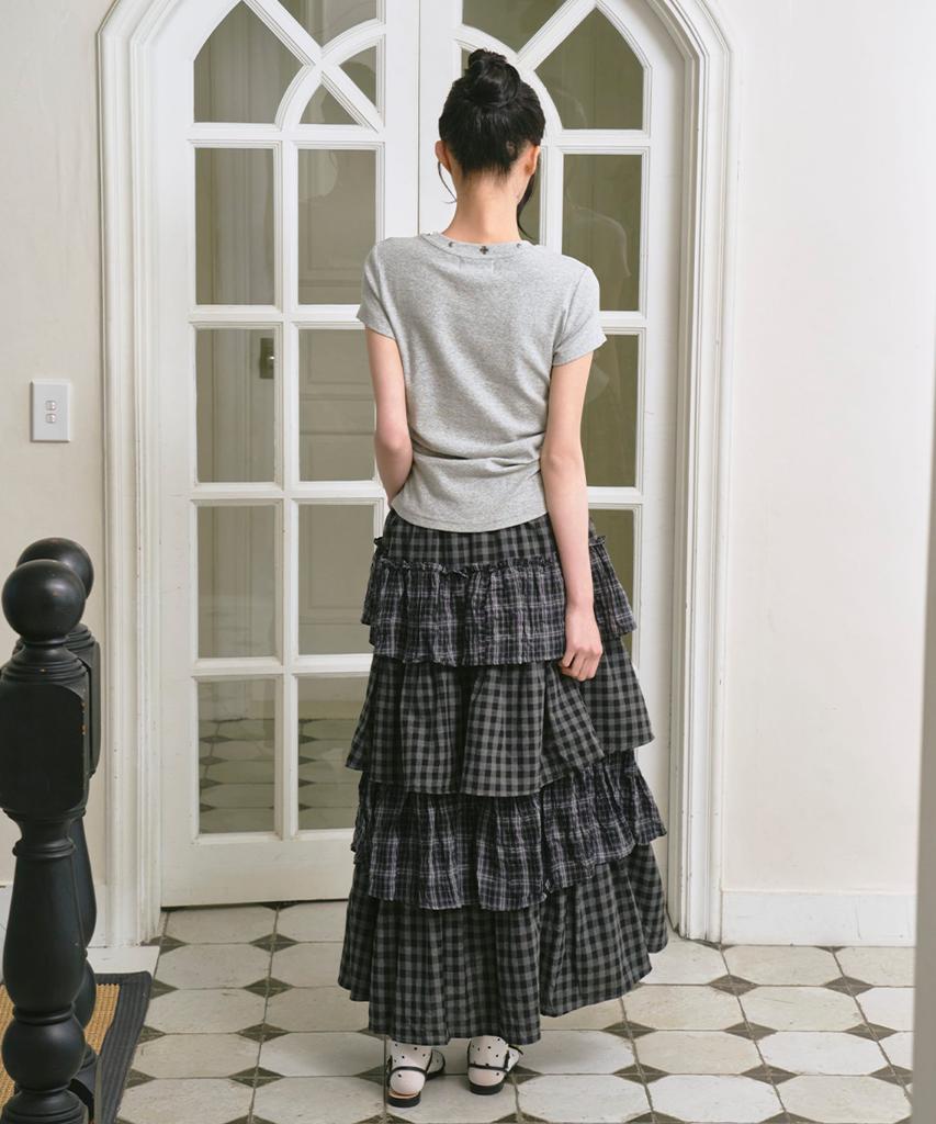 The Green Lab Tiered Long Skirt With Cancan Check [Charcoal Gray Check]