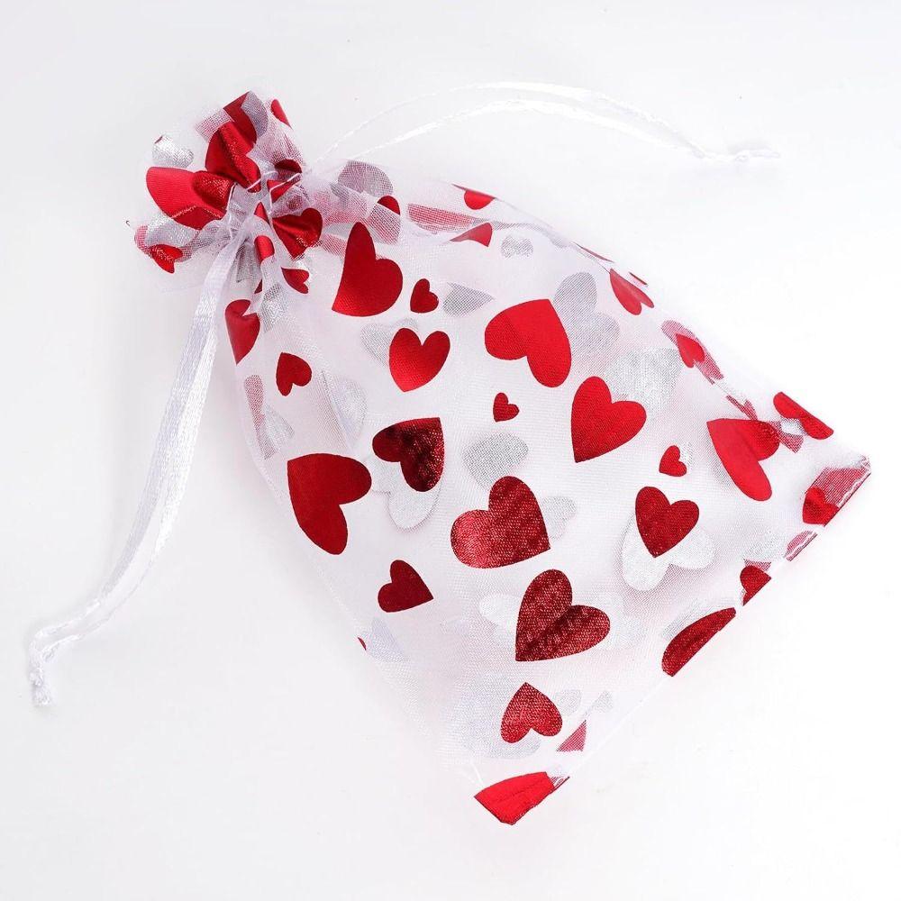20pcs Love Heart Valentine's Day Gift Bag Drawstring Bronzing Gift Bag Mesh Candy Pouches Wedding