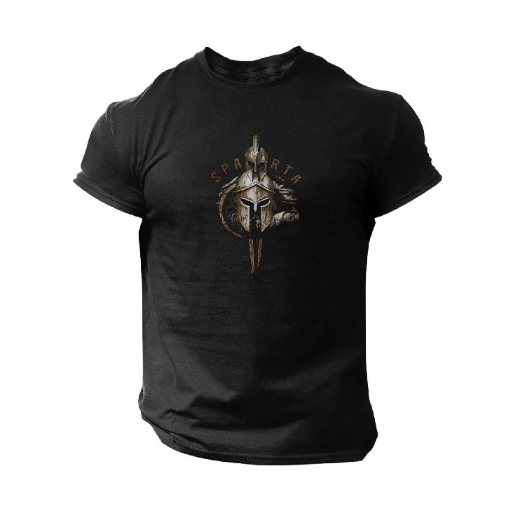 Men'S T-Shirt Featuring a Spartan Warrior Design from Greek History, Showcasing a Spartan-001 Headshot And Spears. This Breathable Short-Sleeve