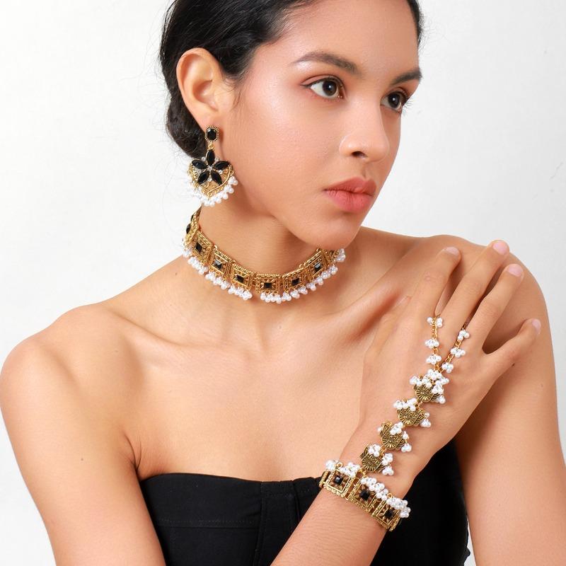 Vintage floral tassel bracelet, earrings, and necklace set - bohemian ethnic jewelry