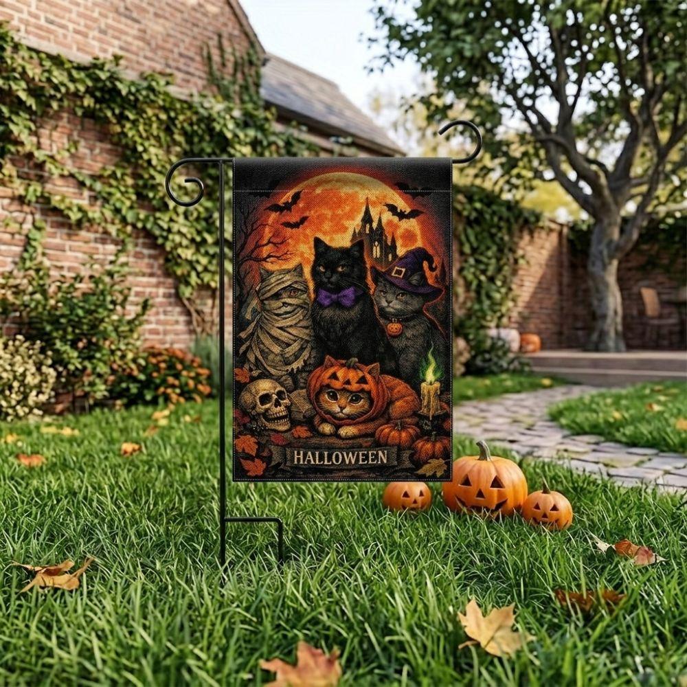 Односторонняя садовая флаг-баннер на Хэллоуин, плоская печать, жуткая тыква, черный кот, ткань, дом с привидениями, полиэстер, для улицы