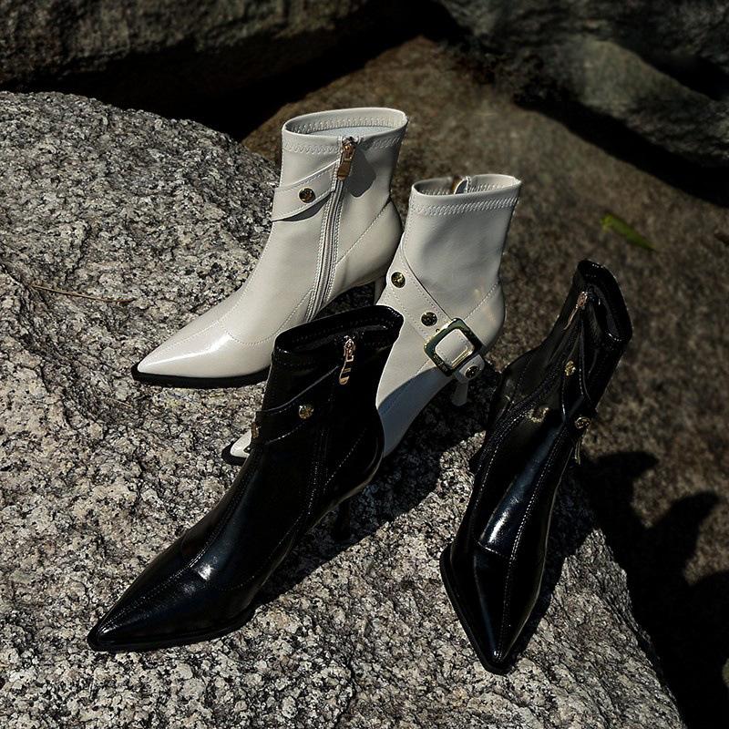 New Chinese temperament women's niche design pointed short boots thickened buckle high heel fashion boots side zipper spring and autumn