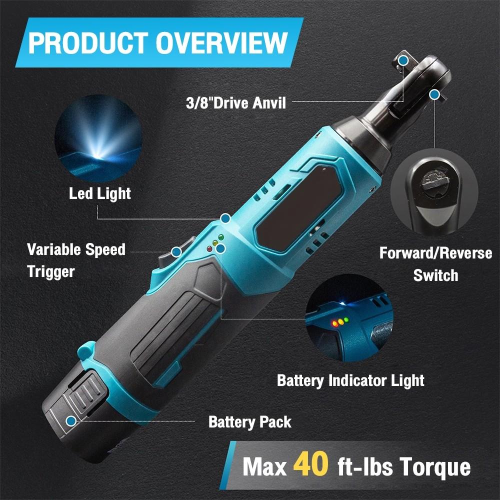 3/8" 12V Cordless Ratchet Wrench Electric Wrench Right Angle Wrench Drill Screwdriverl Screw Nut Repair Tool