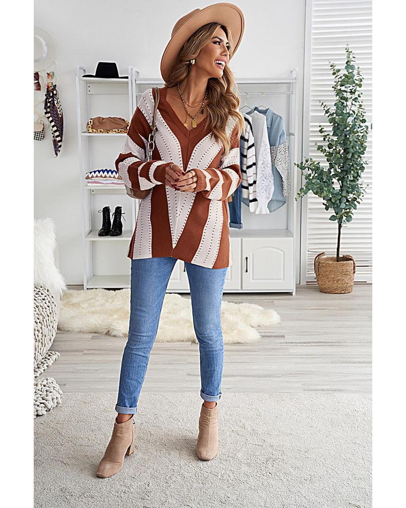 Azura Exchange Вязаный свитер с V-образным вырезом и цветными блоками