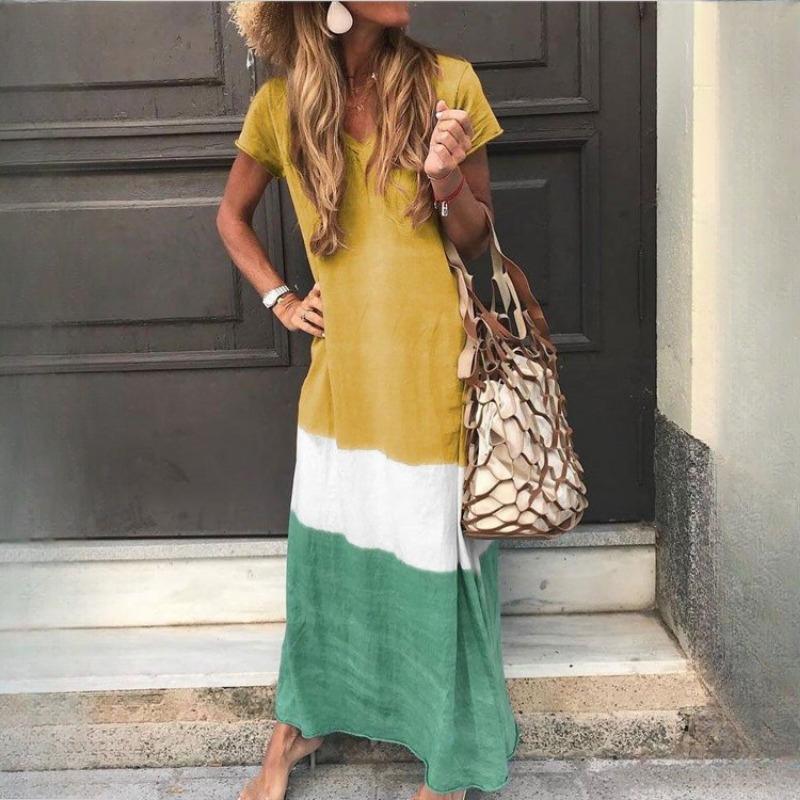 QICED Большие размеры Весна и лето Женские свободные платья с коротким рукавом и цветовым столкновением