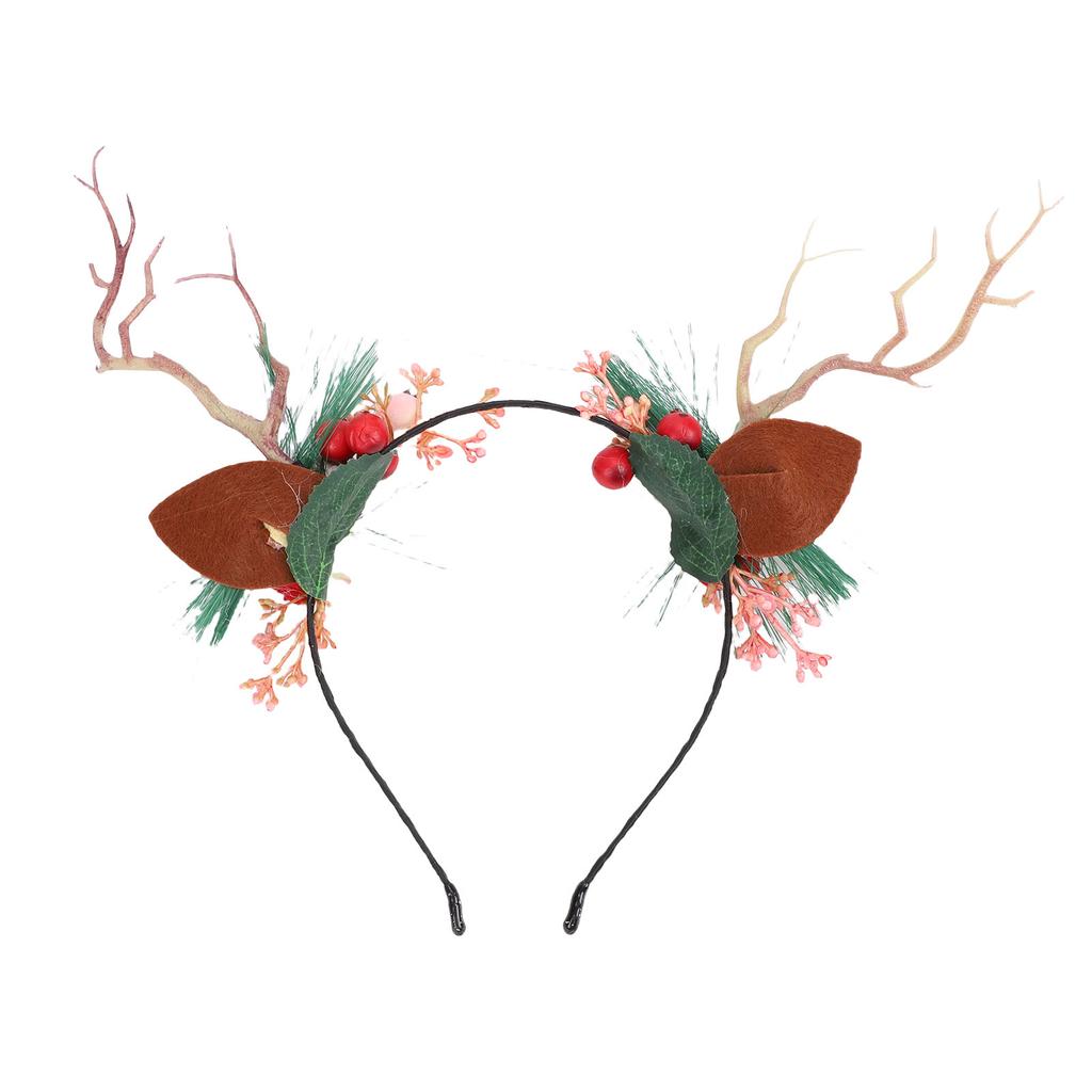 Deer Antler Flower Crown Headband Fairy Flower Reindeer Costume Accessory with Branch Pine Needle Decorations for Women