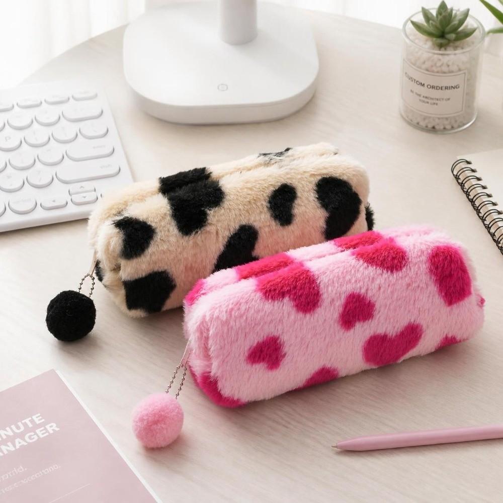 Leopard Print Plush Pencil Case Cartoon Pen Bag Kawaii Pencil Pouch School Use