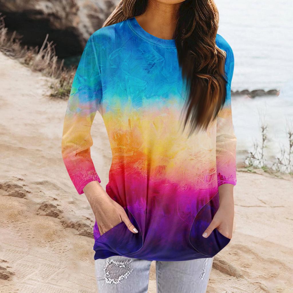 Женская модная повседневная футболка с карманом и круглым вырезом с рукавами 3/4 и топом