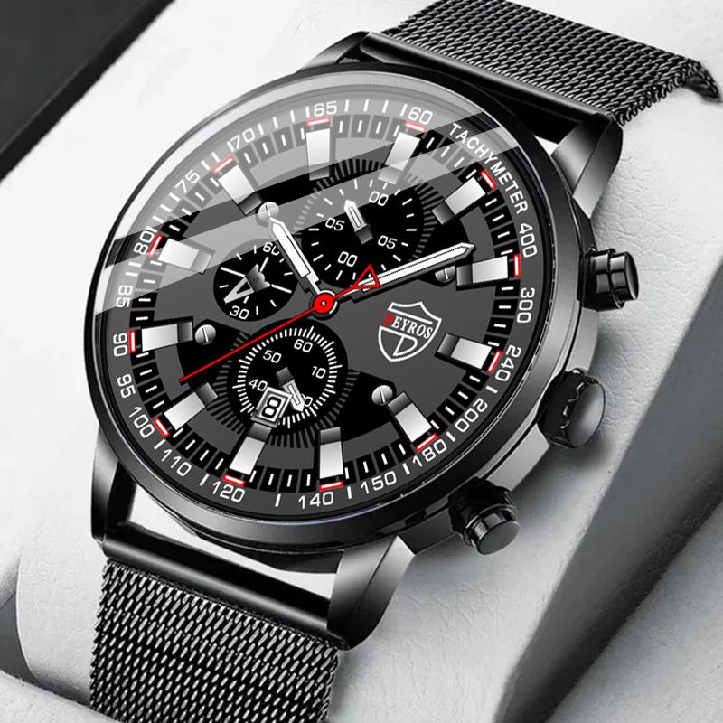 3pcs/set 1pc Fashion Men's Casual Stainless Steel Mesh Band Quartz Watch & 1pc Bracelet & 1pc Necklace