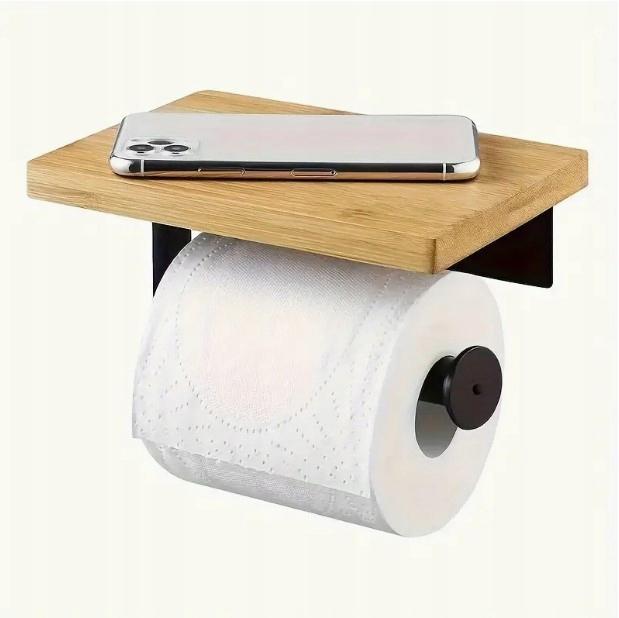 Black Loft Toilet Paper Holder Hanger with Bamboo Shelf Adhesive