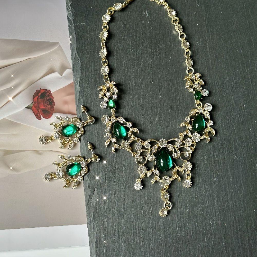 Korean Style Green Crystal Jewelry Set Multifunction Sparkling Necklace Women