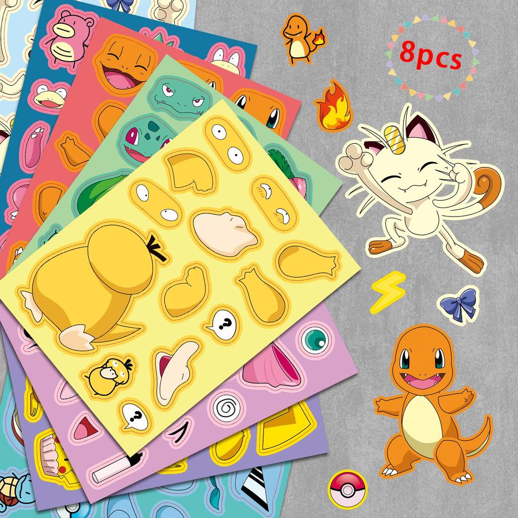 8 Листов Наклейки-Пазлы Pokemon Face Swap - Родительско-Детские DIY Наклейки для Аниме Граффити Журнала