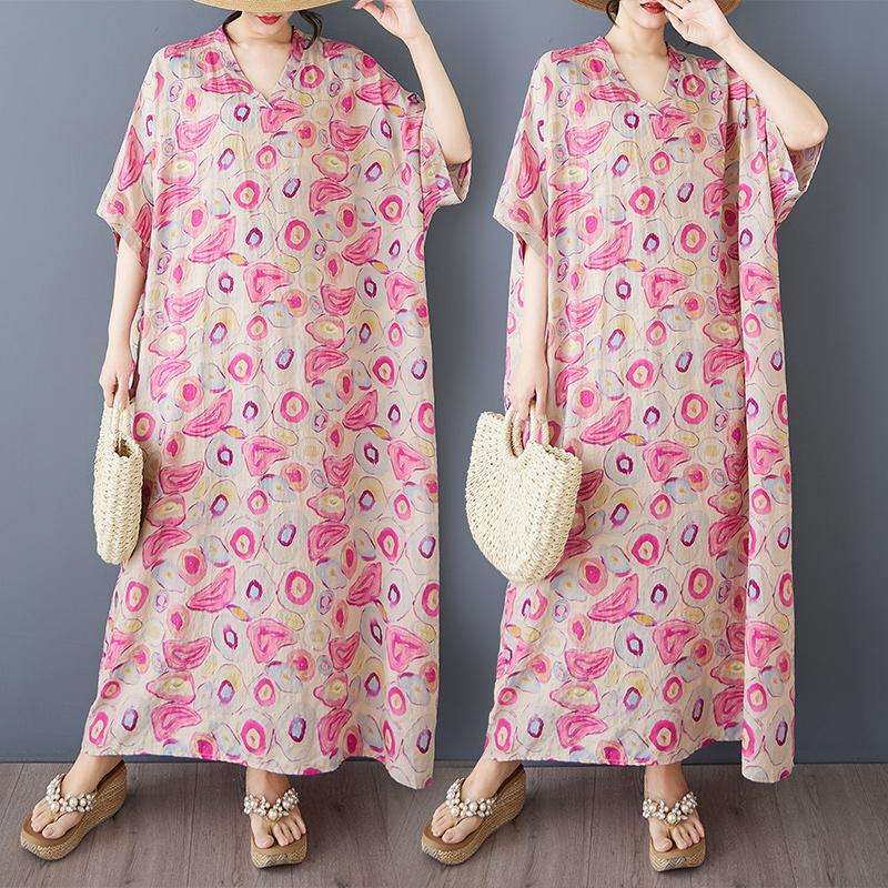 Dimanaf 2025 Summer Women Printing Linen Plus Size Long Dress Short Sleeve Vintage Casual V-Neck Basic Loose Dress