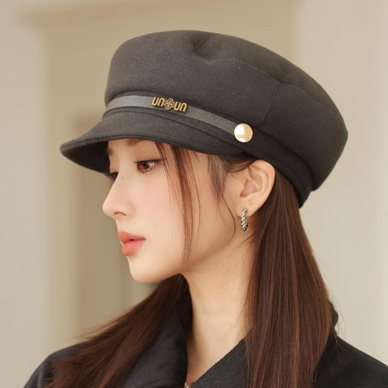 Осень и Зима Новая Шляпа Женская Шерстяная Темно-синяя Шляпа Ретро Простая Модная Кепка Идеально подходит для Холодной Погоды, Зимний Головной Убор